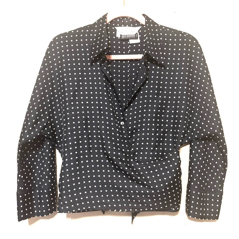 MaxMara Silk Polka Dot Wrap Blouse Black White V-neck Size Large